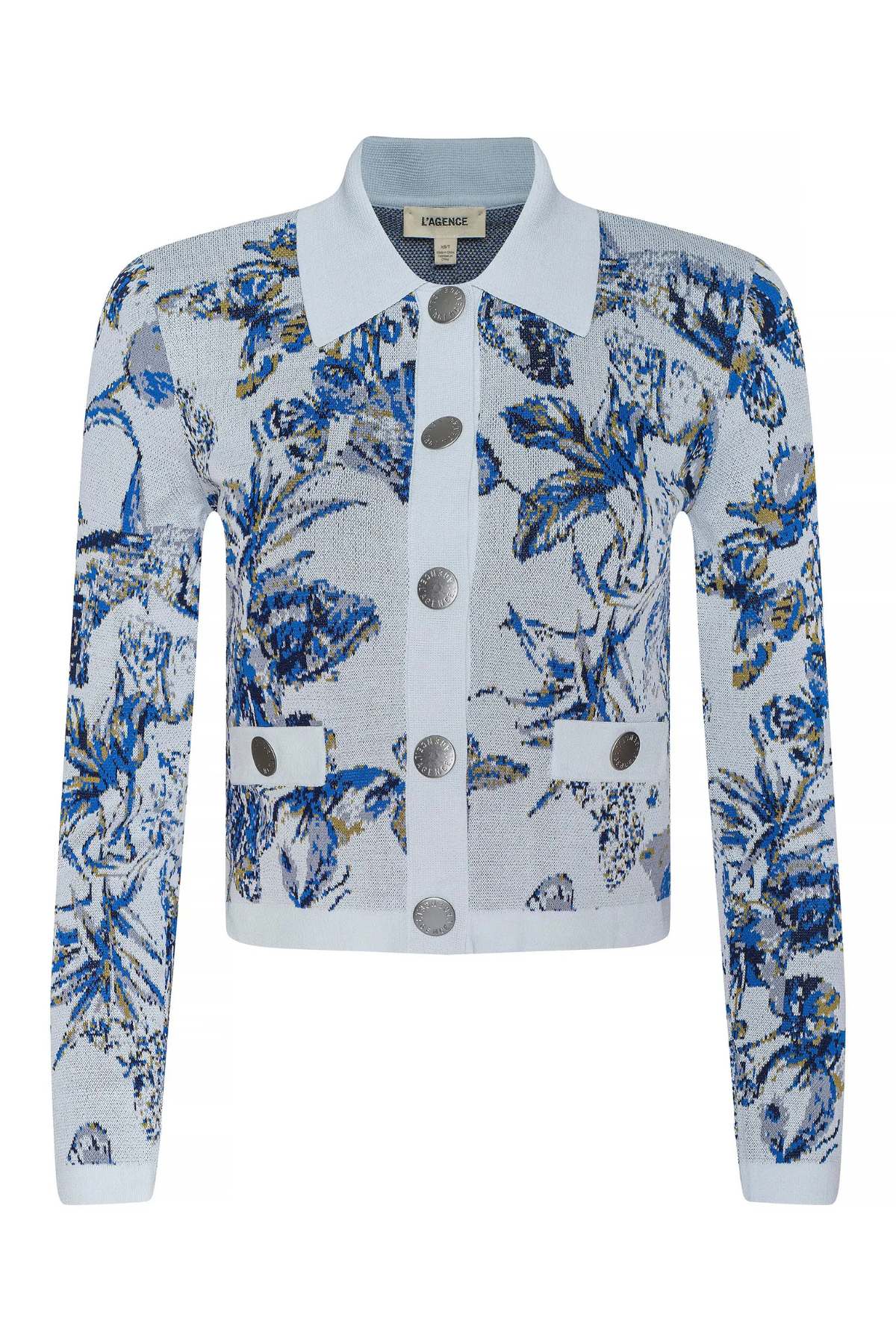 L’AGENCE Osiris Jacquard Cardigan - Grey Multi Watercolor Butterfly Jacquard