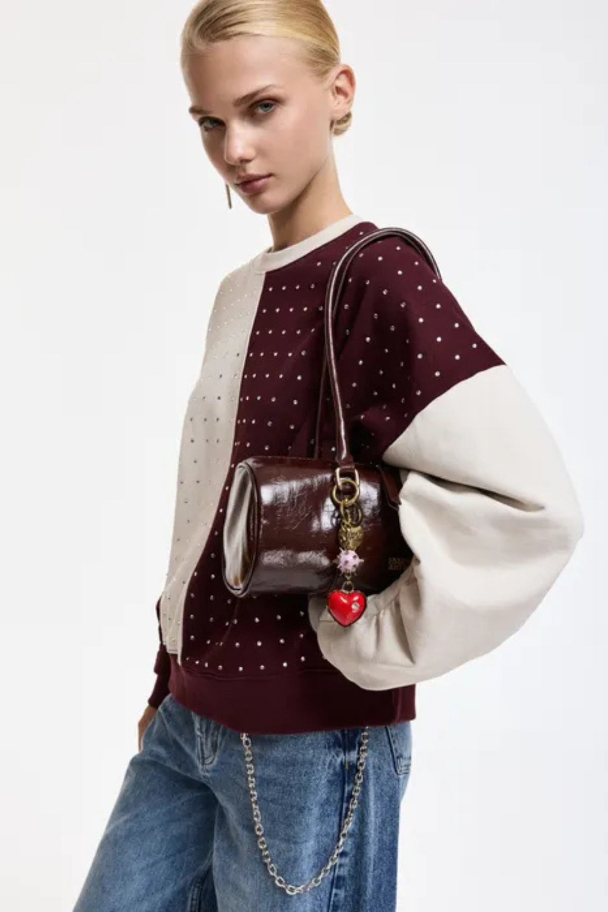 Essentiel Antwerp Koldi Bicolor Embellished Sweatshirt - Burgundy/Off White