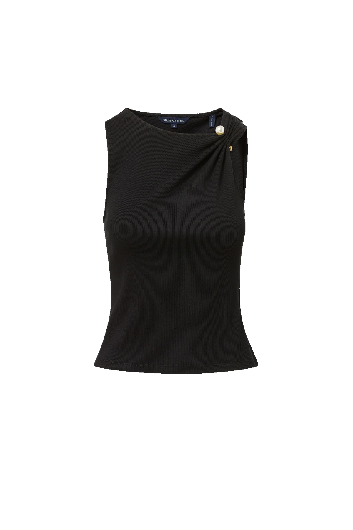Veronica Beard Deylin Top in Black ribbed Pima cotton sleeveless top with statement brooch