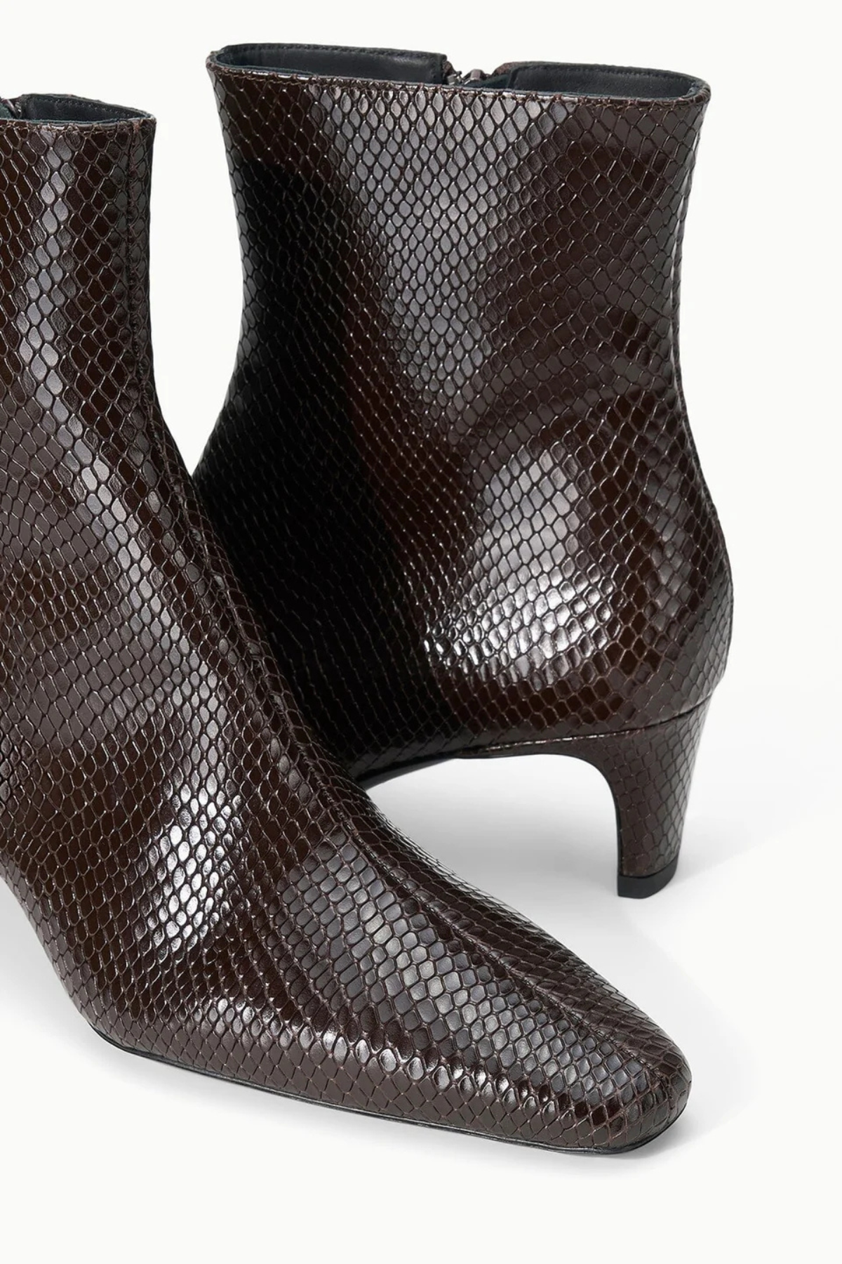 STAUD Wally Ankle Boot in Espresso Snake brown snake-effect pointed-toe boot