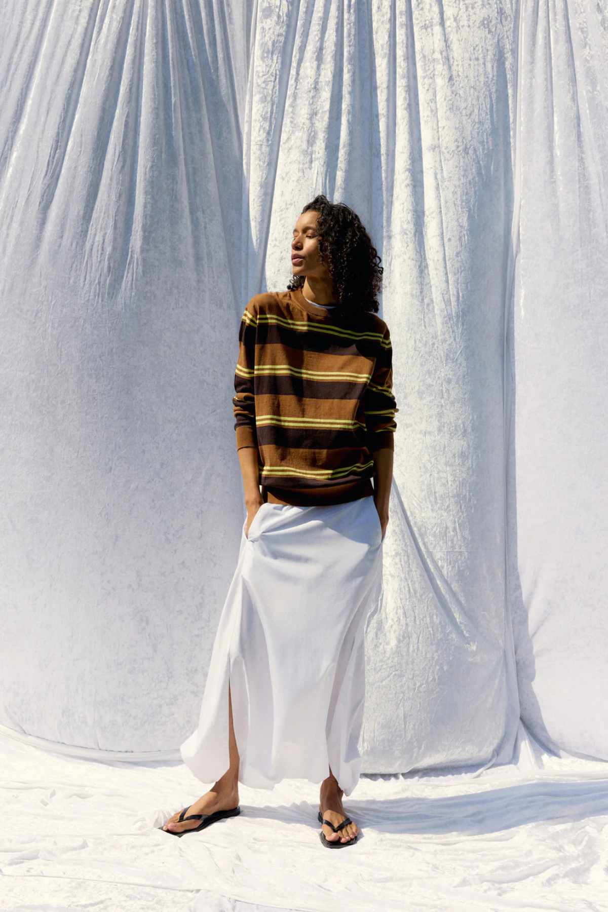 Tibi Super Fine Gauge Striped Perfect Crewneck Pullover - Brown Multi