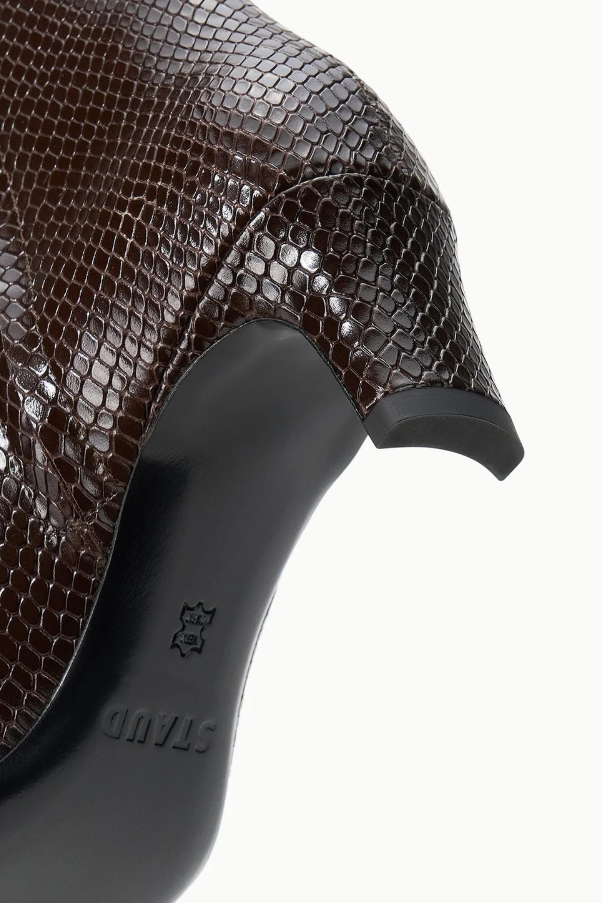STAUD Wally Ankle Boot in Espresso Snake brown snake-effect pointed-toe boot