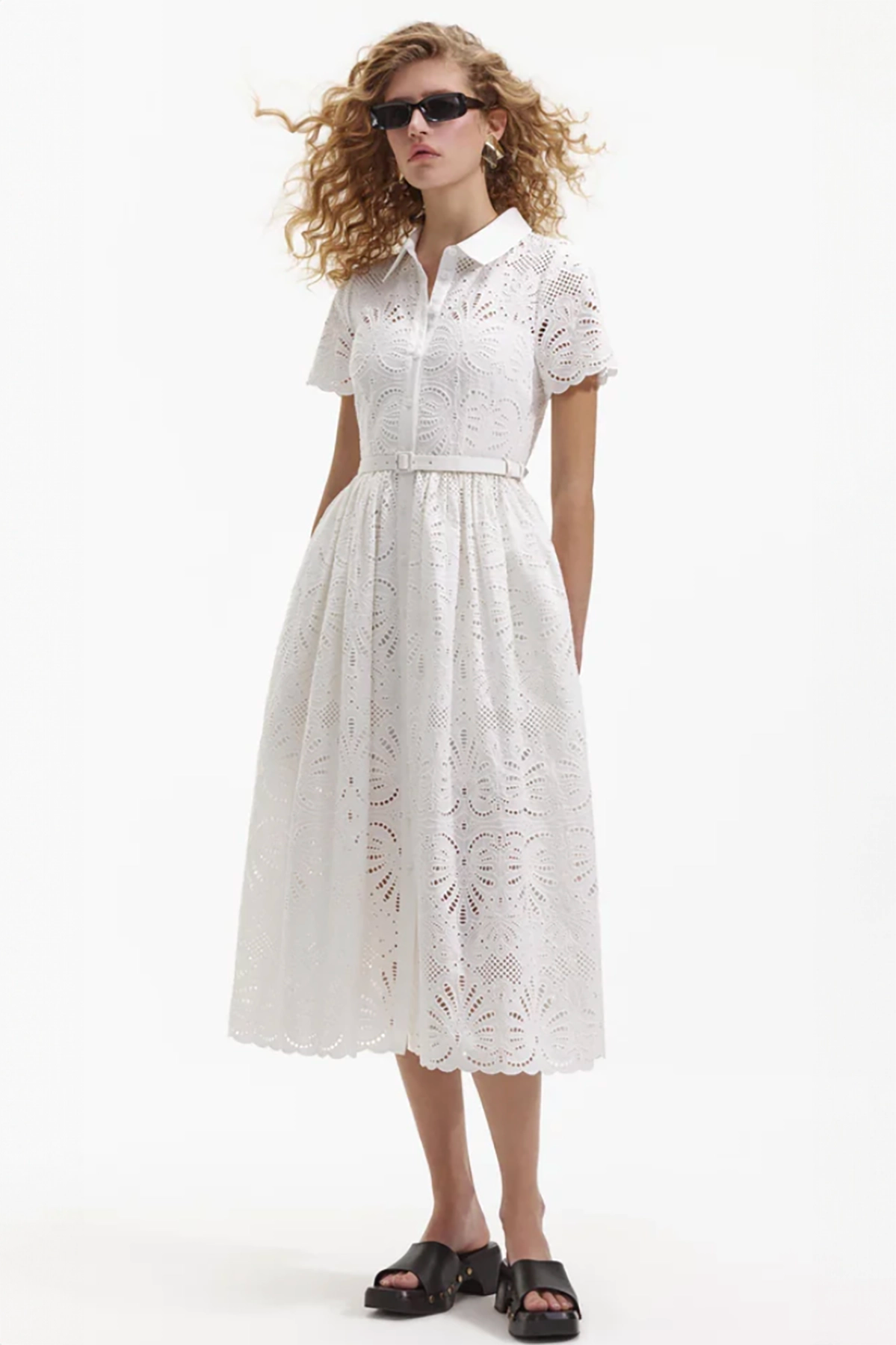 Self-Portrait White Cotton Embroidery Midi Dress