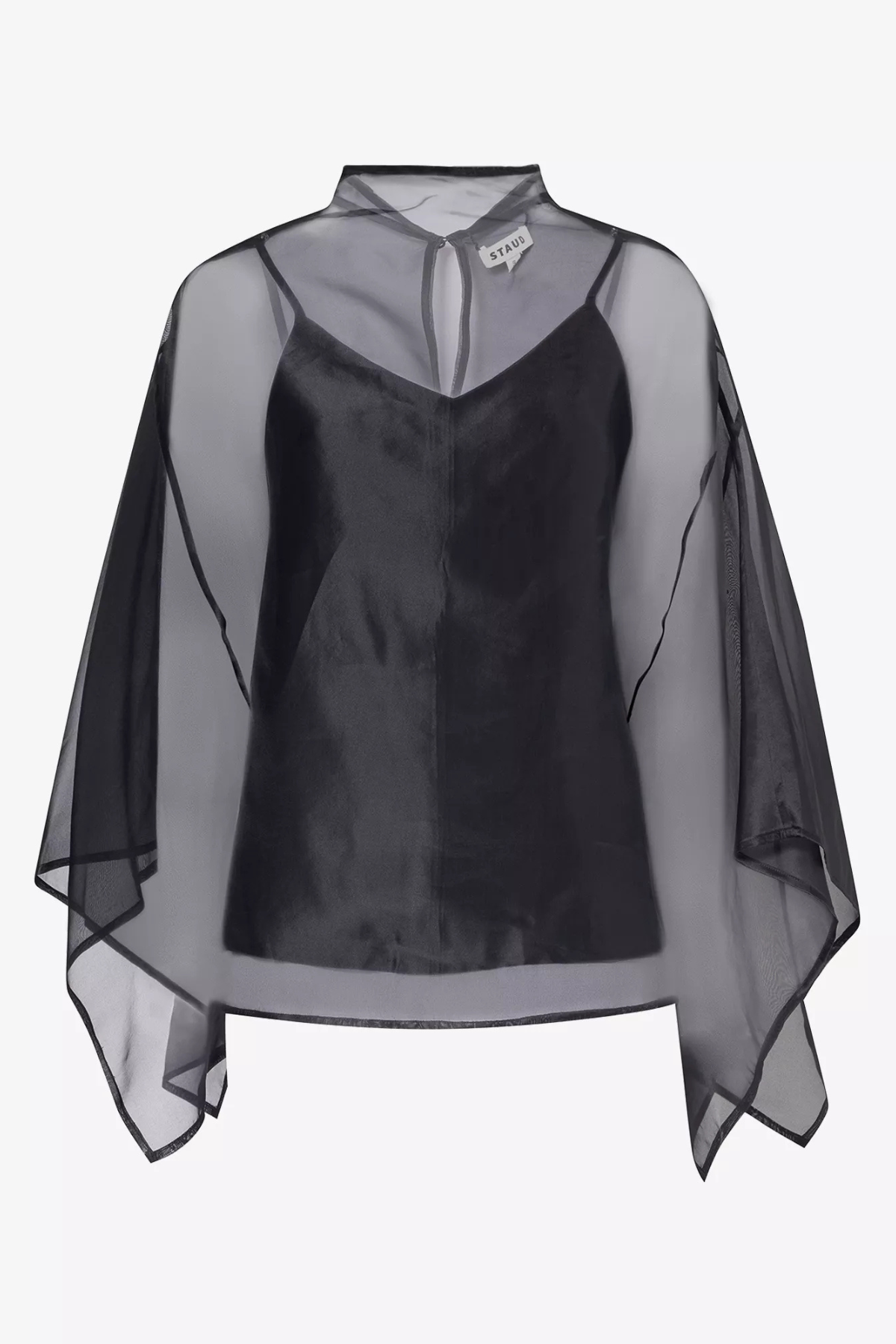 STAUD Fia Top in Black sheer organza with high neckline and detachable camisole