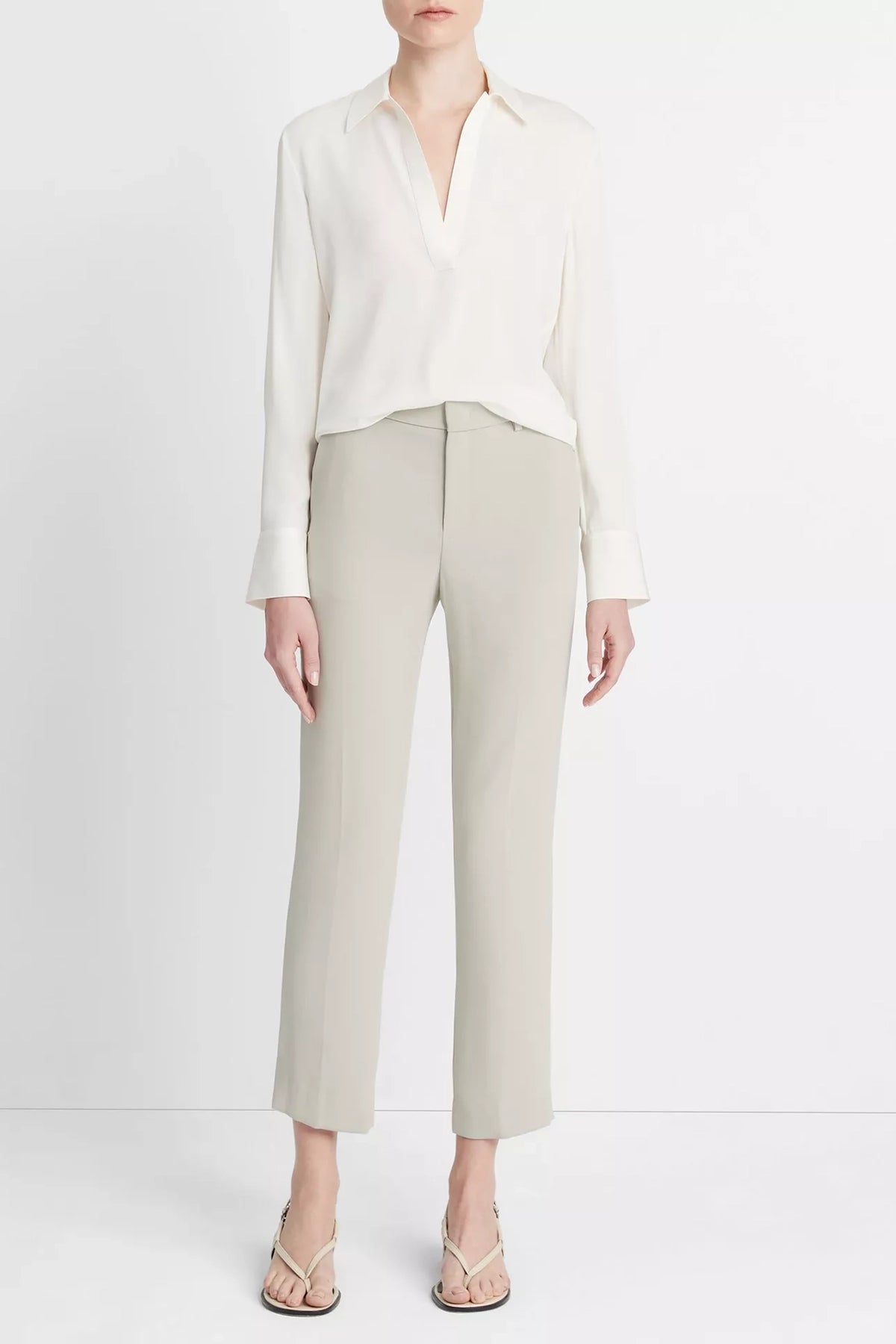 Vince Stretch-Silk Long-Sleeve Polo Blouse