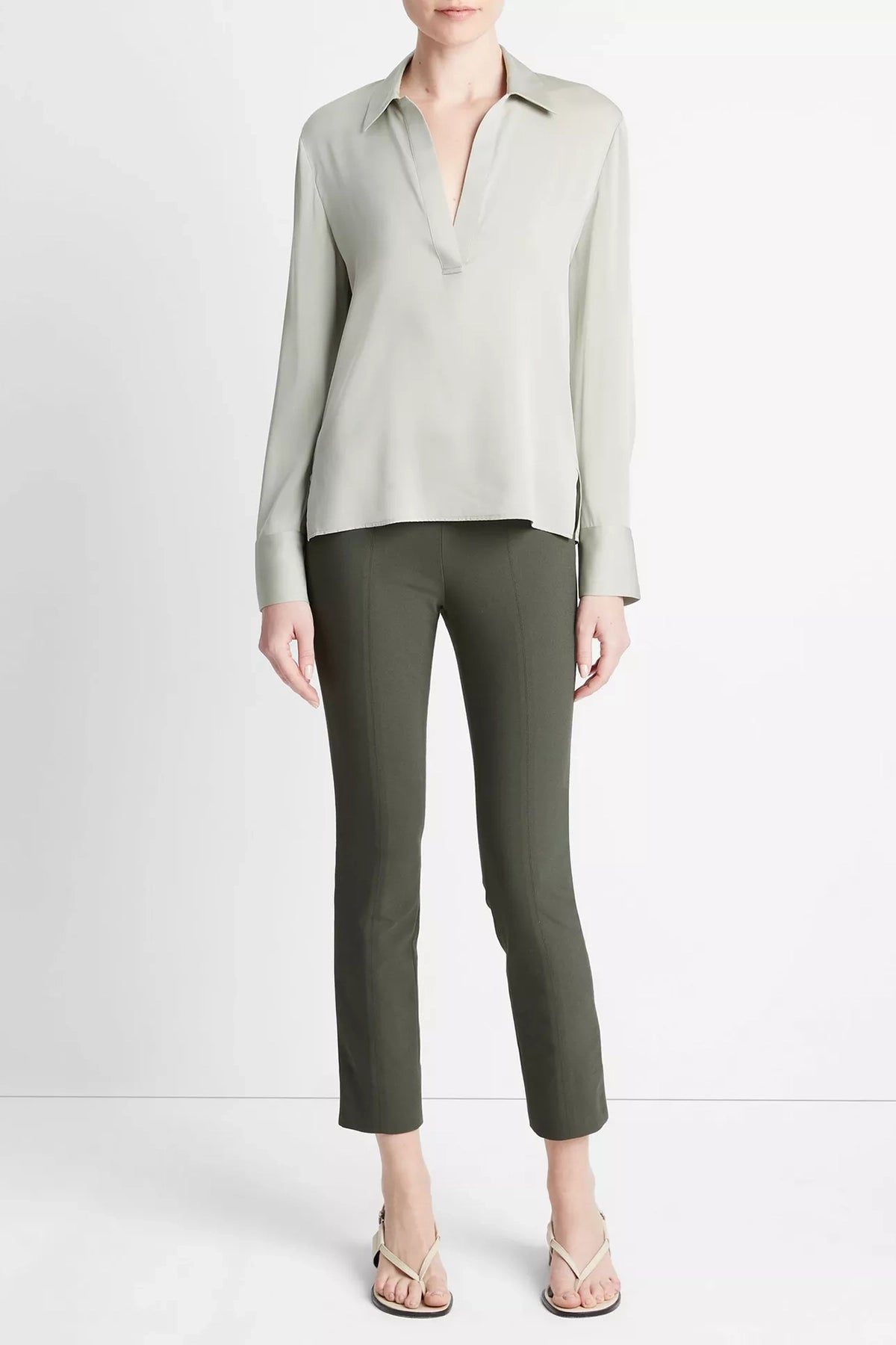 Vince Stretch-Silk Long-Sleeve Polo Blouse