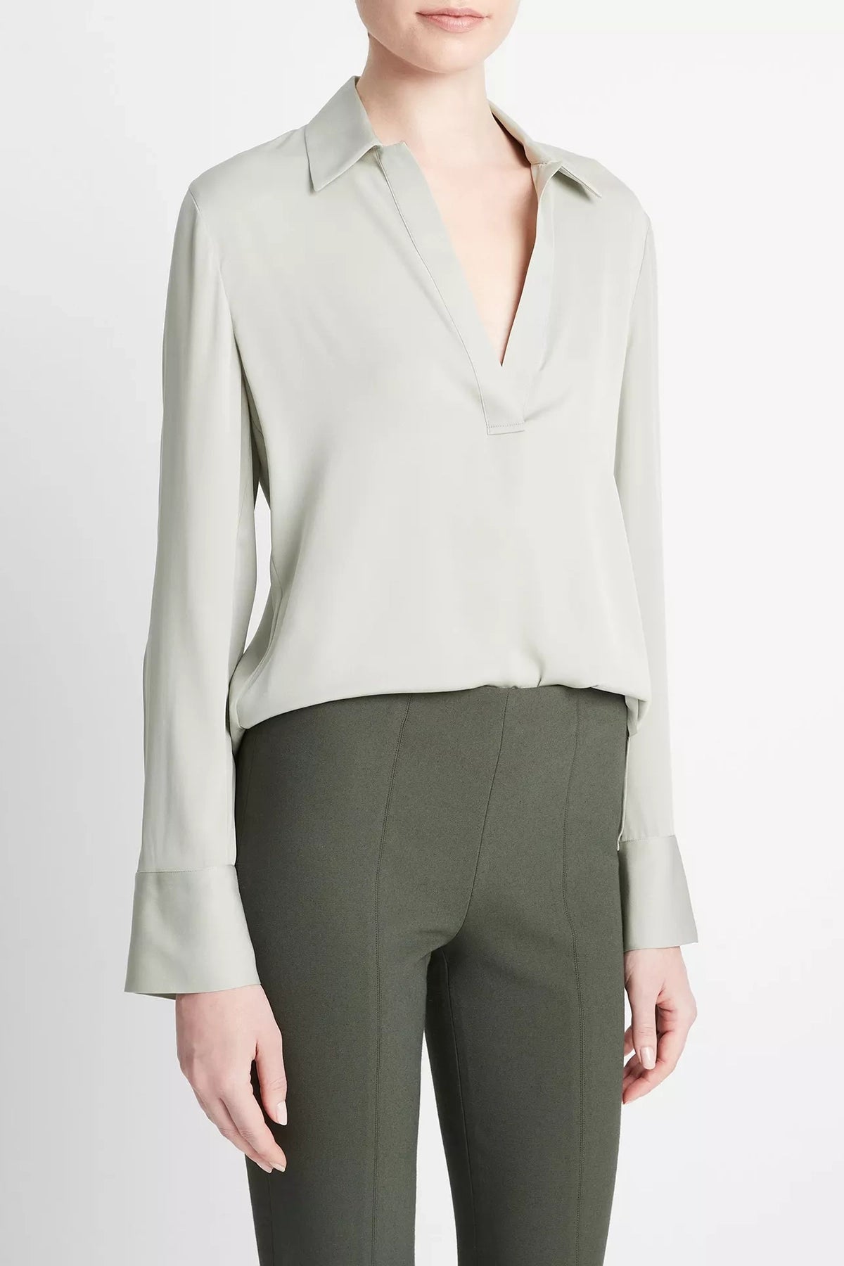 Vince Stretch-Silk Long-Sleeve Polo Blouse