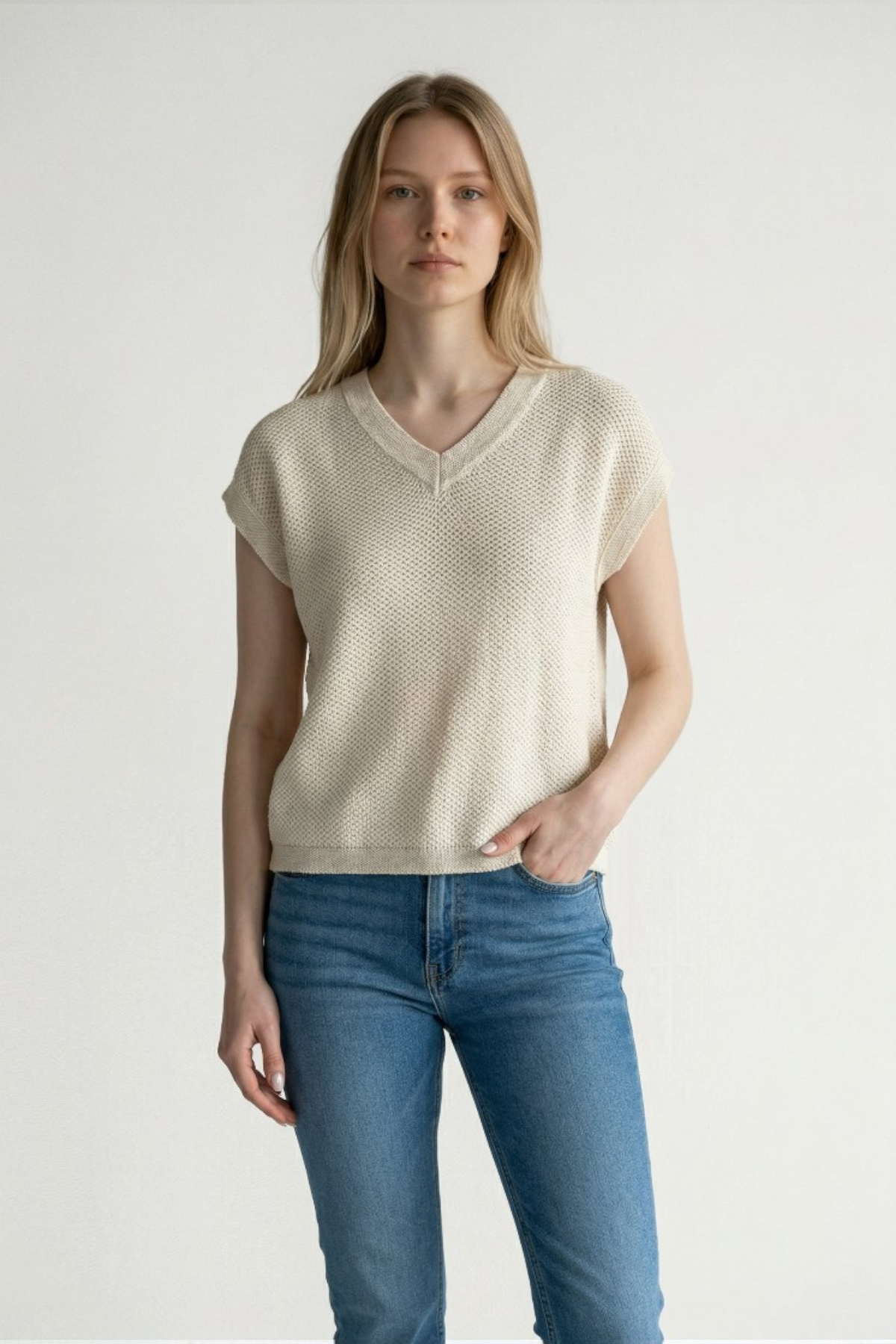 Majestic Filatures Organic Cotton Knit Cap Sleeve V-Neck Top