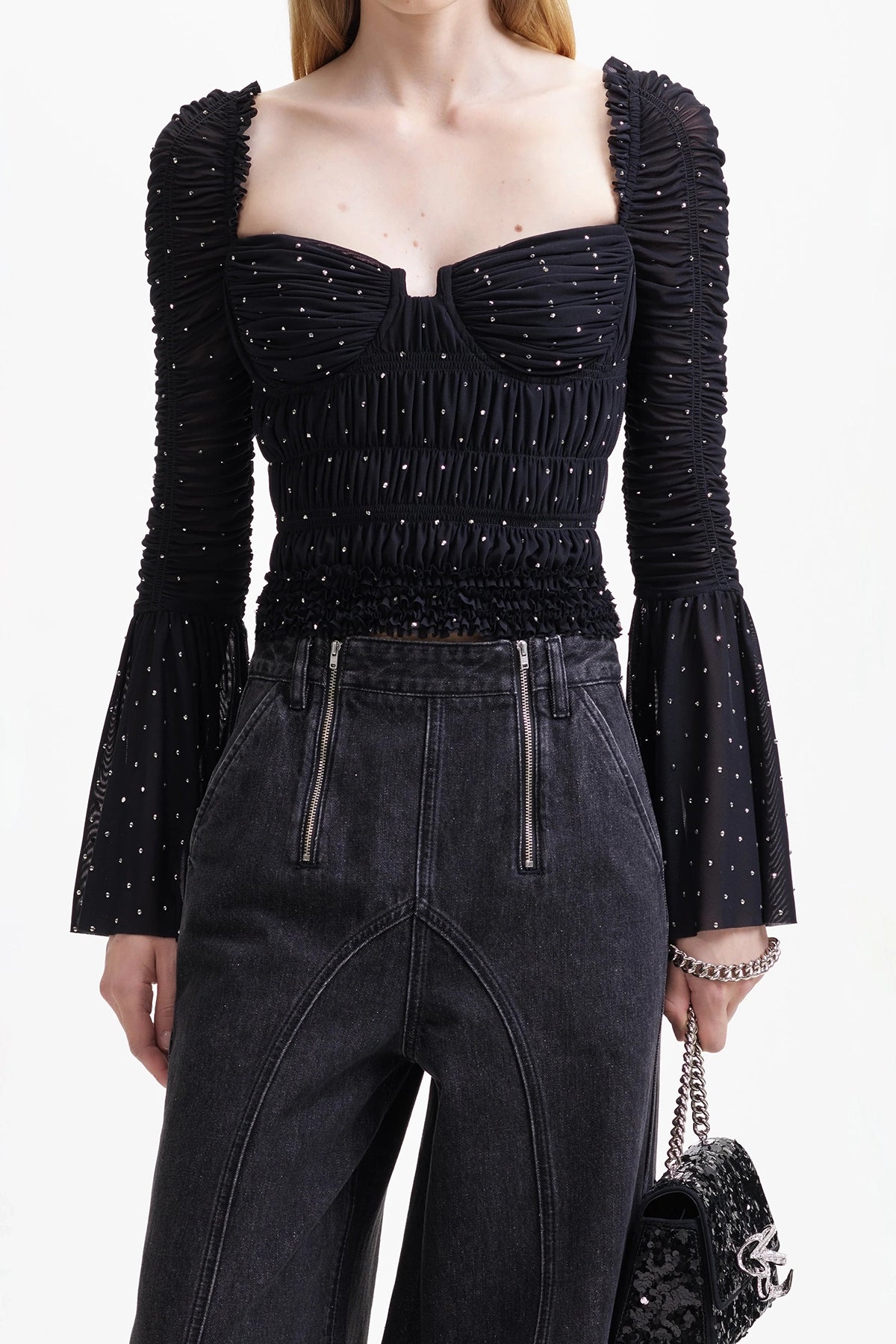 Self-Portrait Black Mesh Rhinestone Top