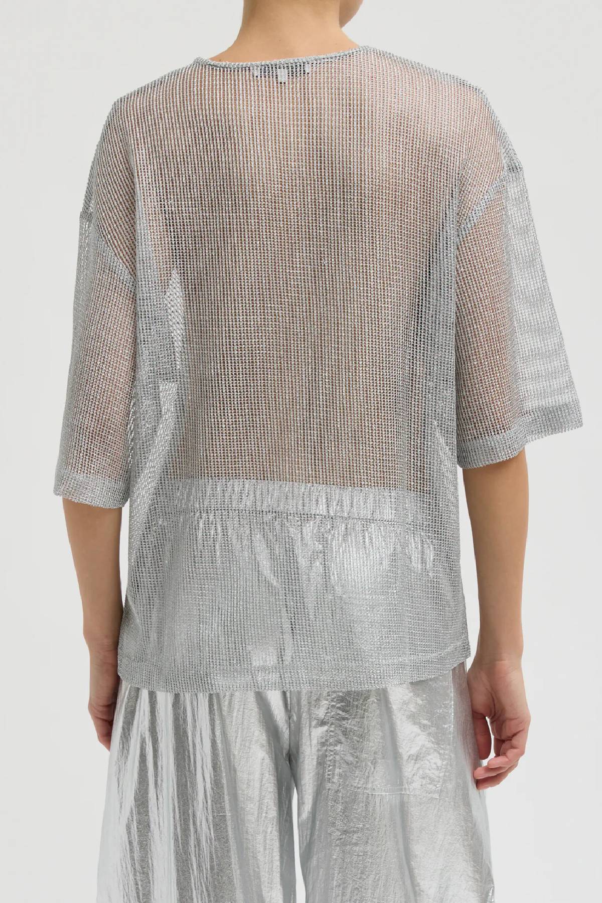 Tibi Viscose Metallic Mesh Easy T-Shirt