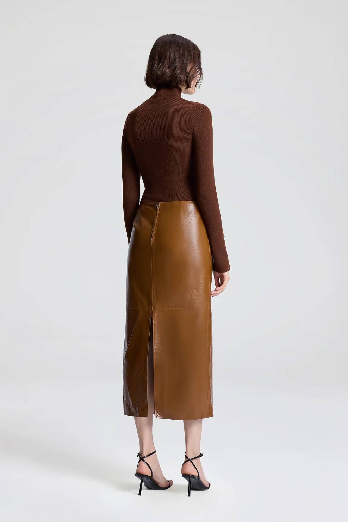 A.L.C. Marta Glossy Leather Midi Skirt