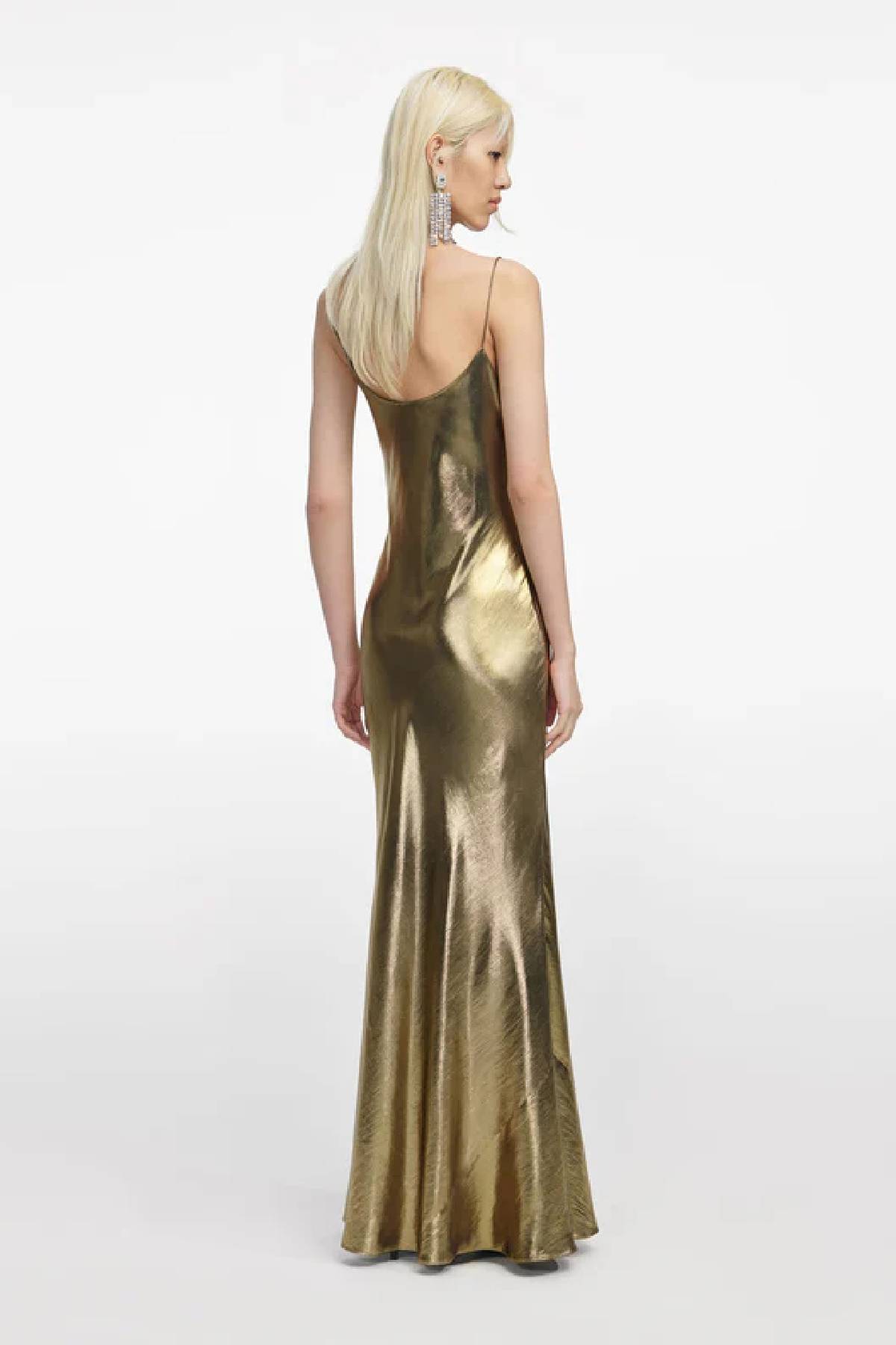 Self-Portrait Gold Metallic Strappy Maxi Dress