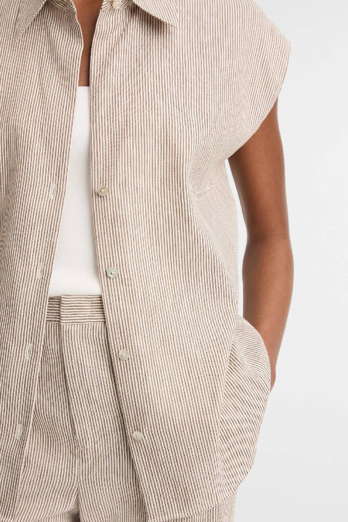 Vince Ticking Stripe Cap Sleeve Blouse - Taupe Wood