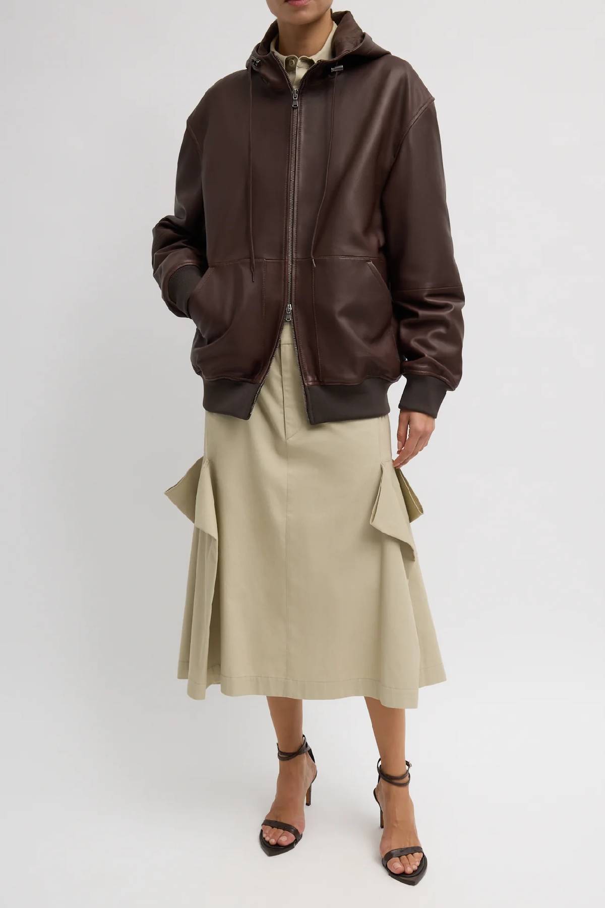 Tibi Leather Zip Up Hoodie Jacket - Brown