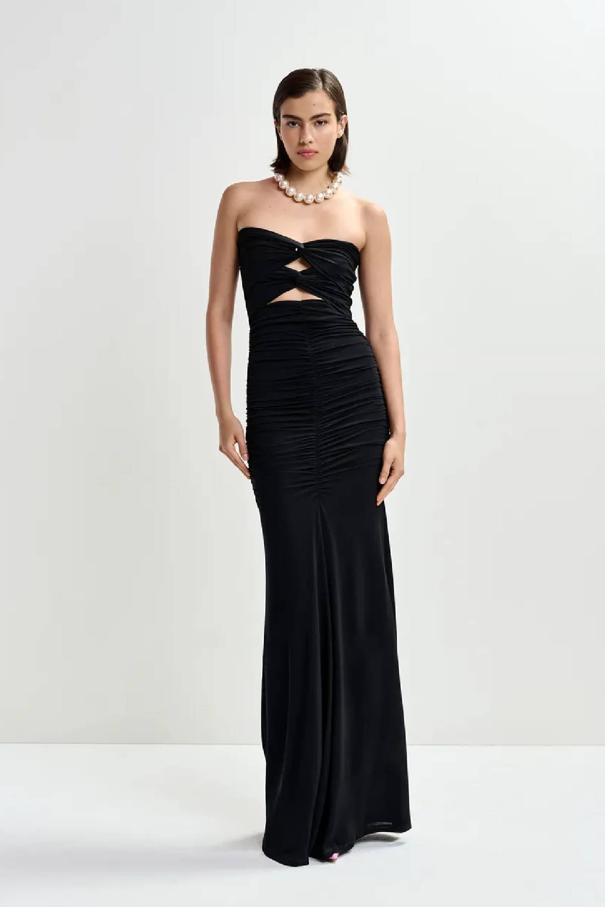 Essentiel Antwerp strapless maxi dress with sculpted ruching and a subtle cut-out detail