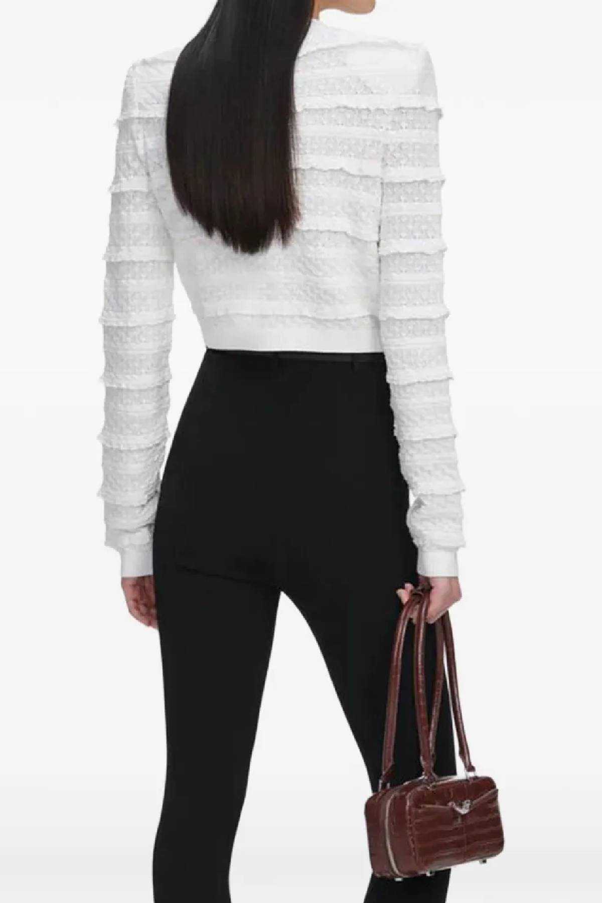 Self-Portrait White Pointelle Diamante Cardigan - White