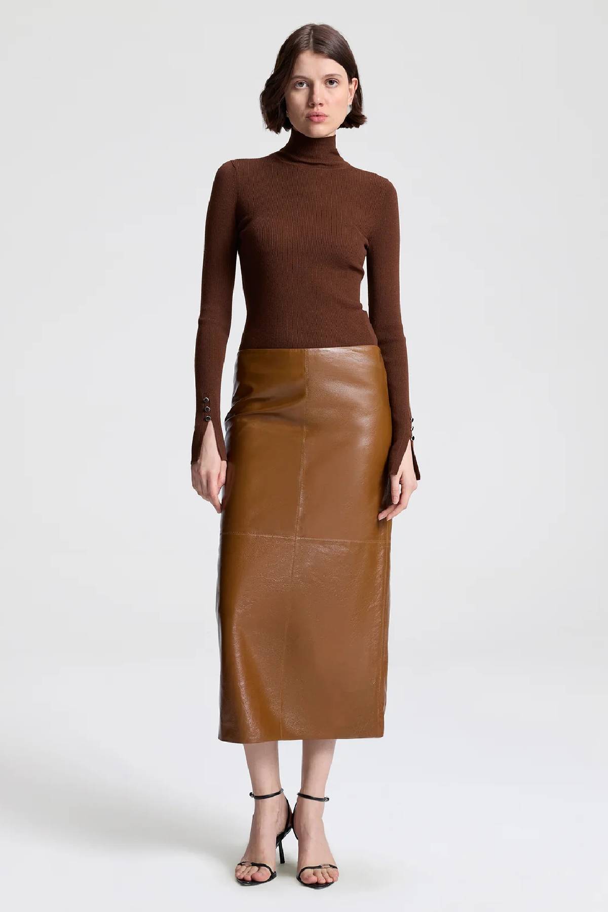 A.L.C. Marta Glossy Leather Midi Skirt