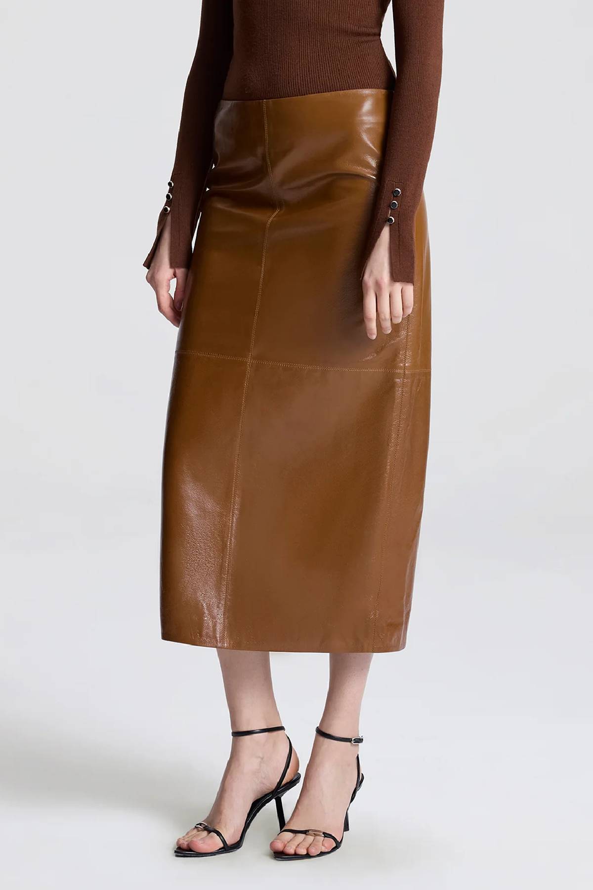 A.L.C. Marta Glossy Leather Midi Skirt