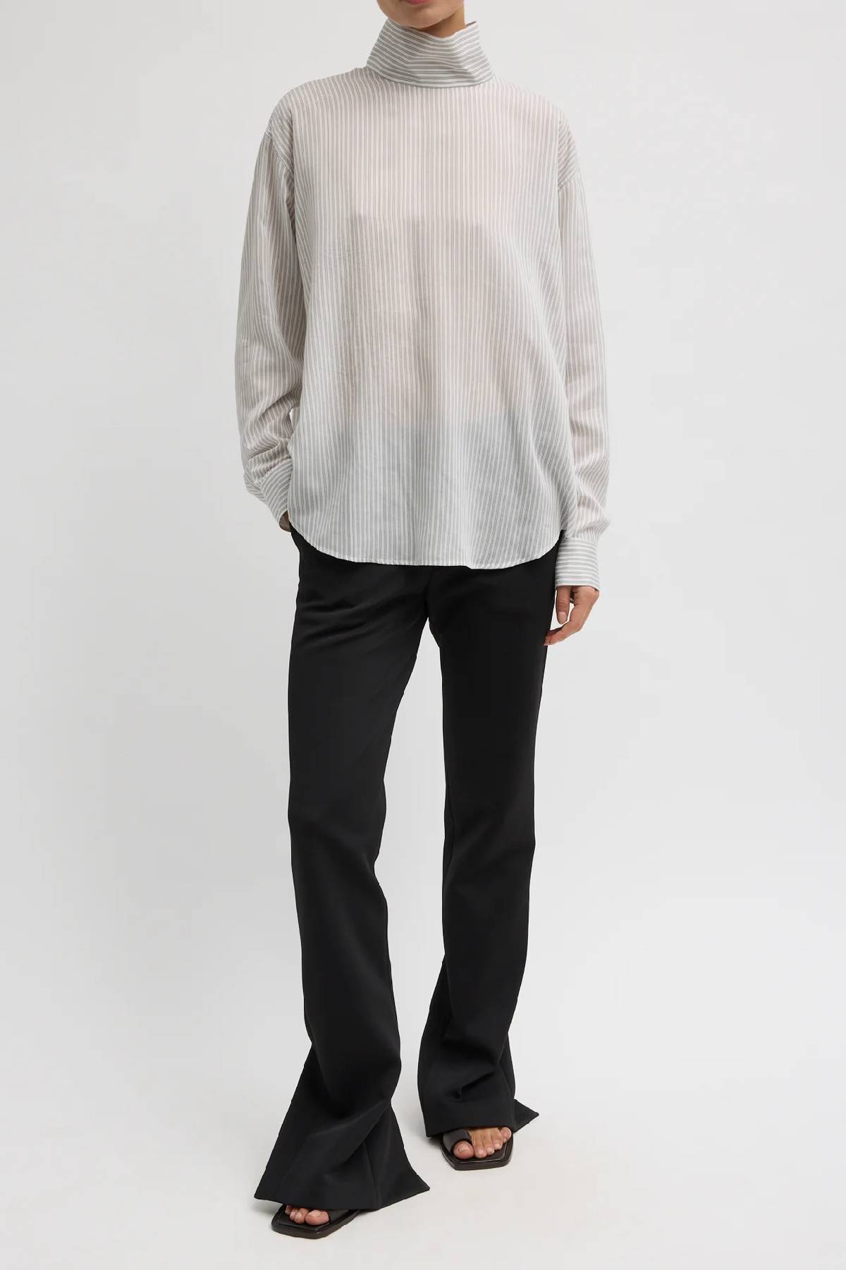 Tibi Ultra Light Silk Tencel Striped Funnel Neck Shirt