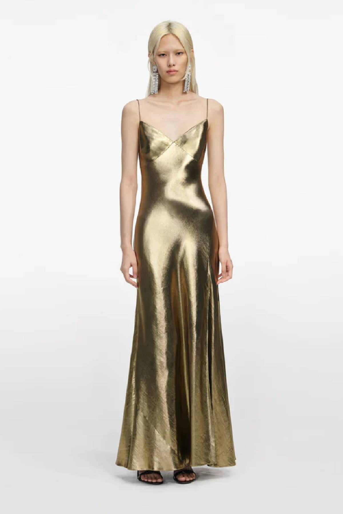 Self-Portrait Gold Metallic Strappy Maxi Dress