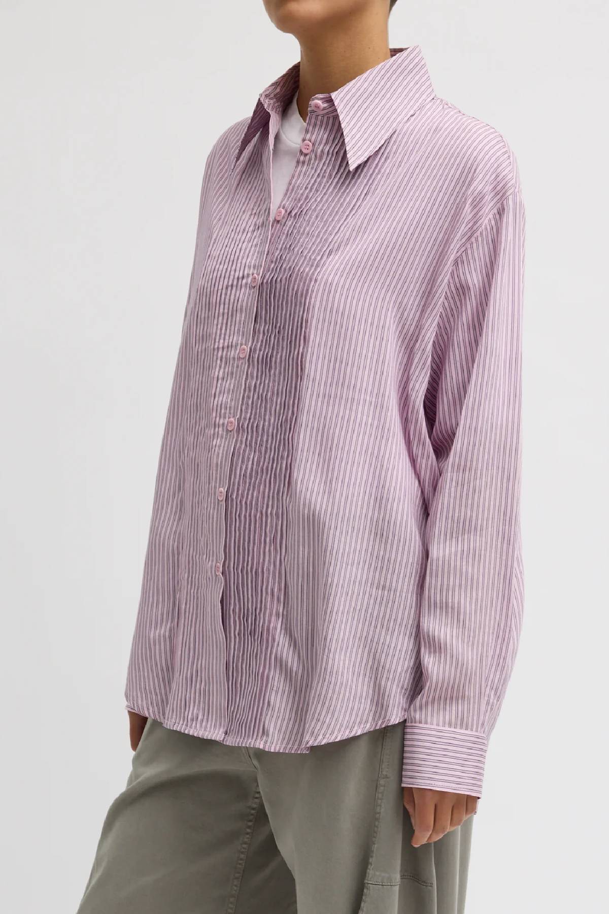 Tibi Ultra Light Silk Tencel Striped Pintucked Shirt - Pink Multi