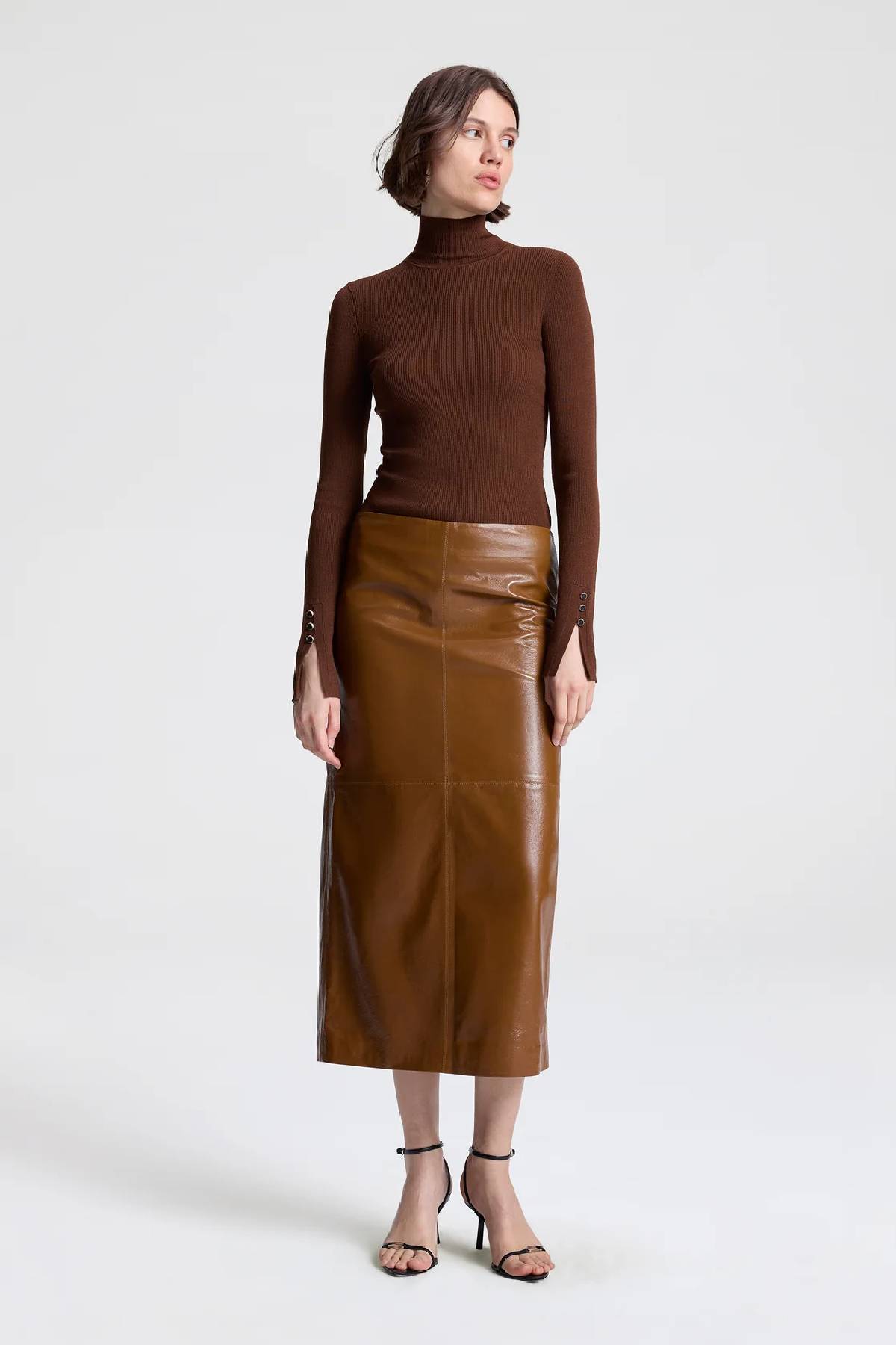 A.L.C. Marta Glossy Leather Midi Skirt