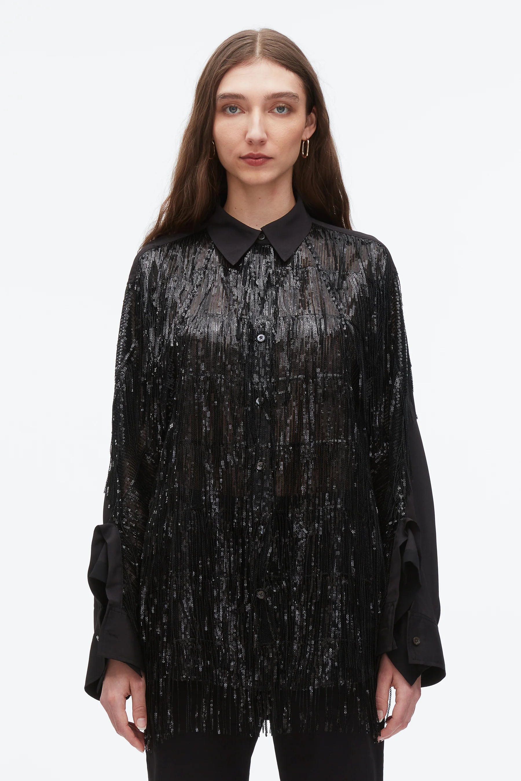 3.1 Phillip Lim - Camisa oversize con flecos de lentejuelas y mangas drapeadas en cascada