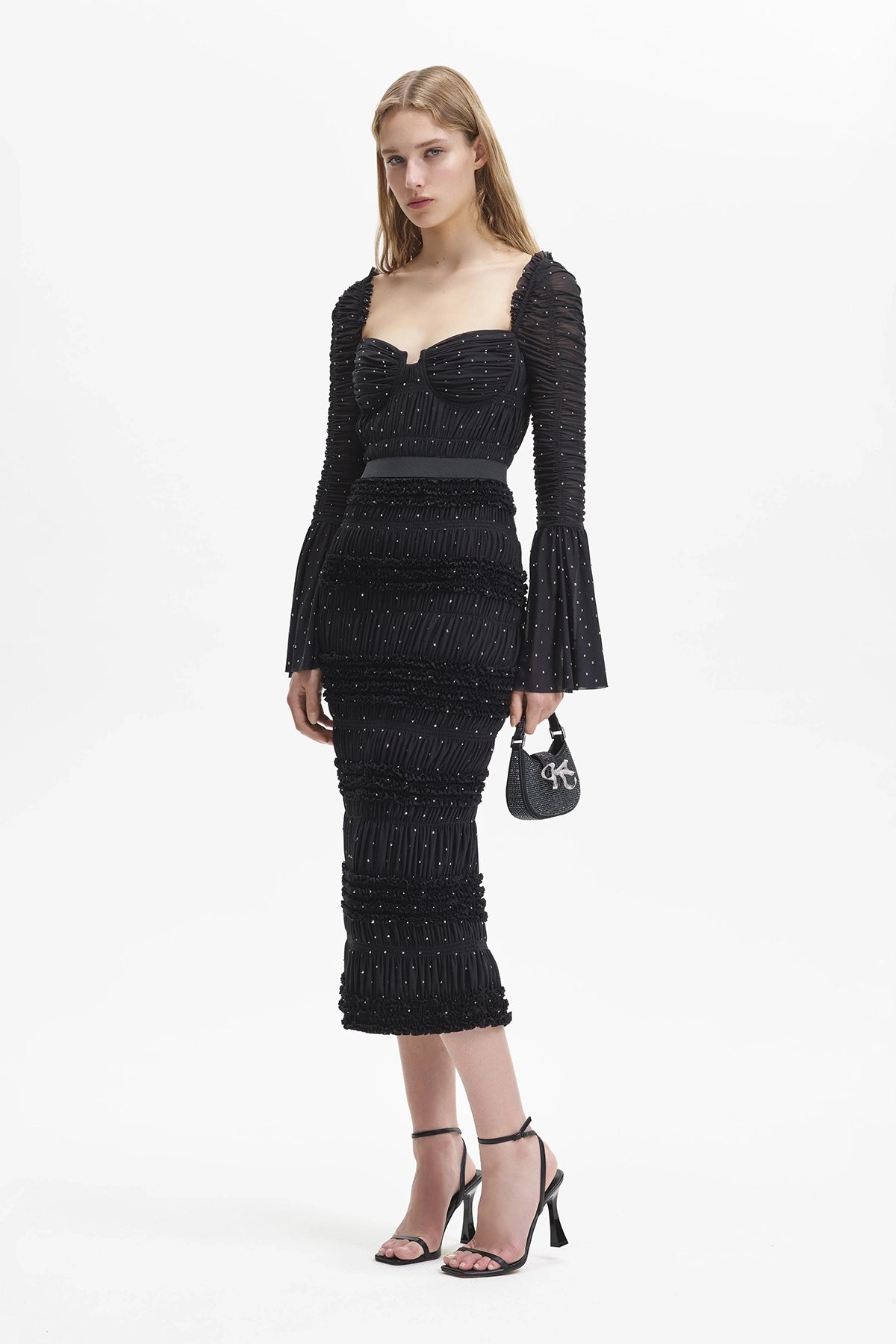 Self-Portrait Black Mesh Rhinestone Midi Dress