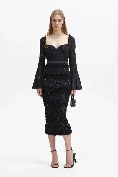 Black Rhinestone Mesh Long Sleeve Midi Dress – self-portrait-US