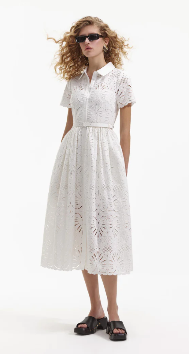 Self-Portrait White Cotton Embroidery Midi Dress
