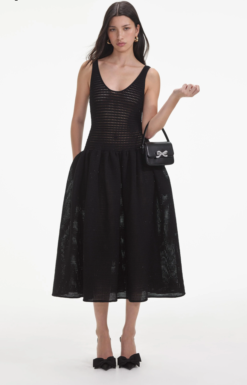 Self-Portrait Black Crochet Knit Midi Dress