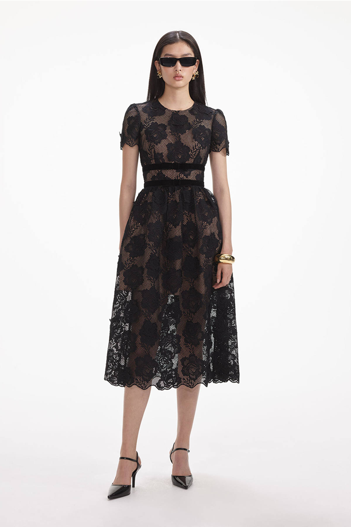 Self-Portrait Black Lace Velvet Bow Midi Dress