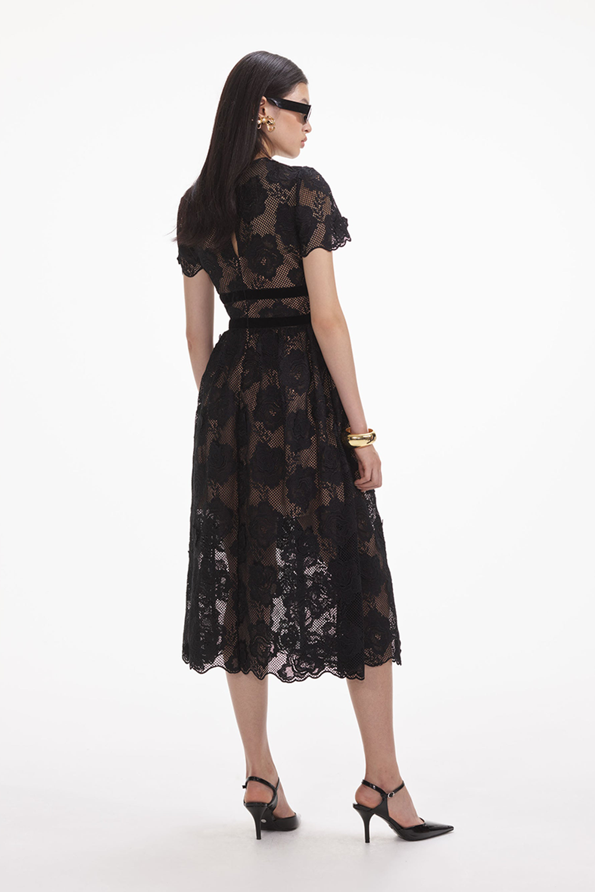 Self-Portrait Black Lace Velvet Bow Midi Dress