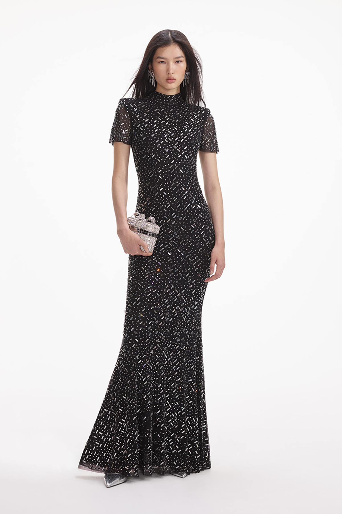 Self-Portrait Black Square Rhinestone Mesh Maxi Dress