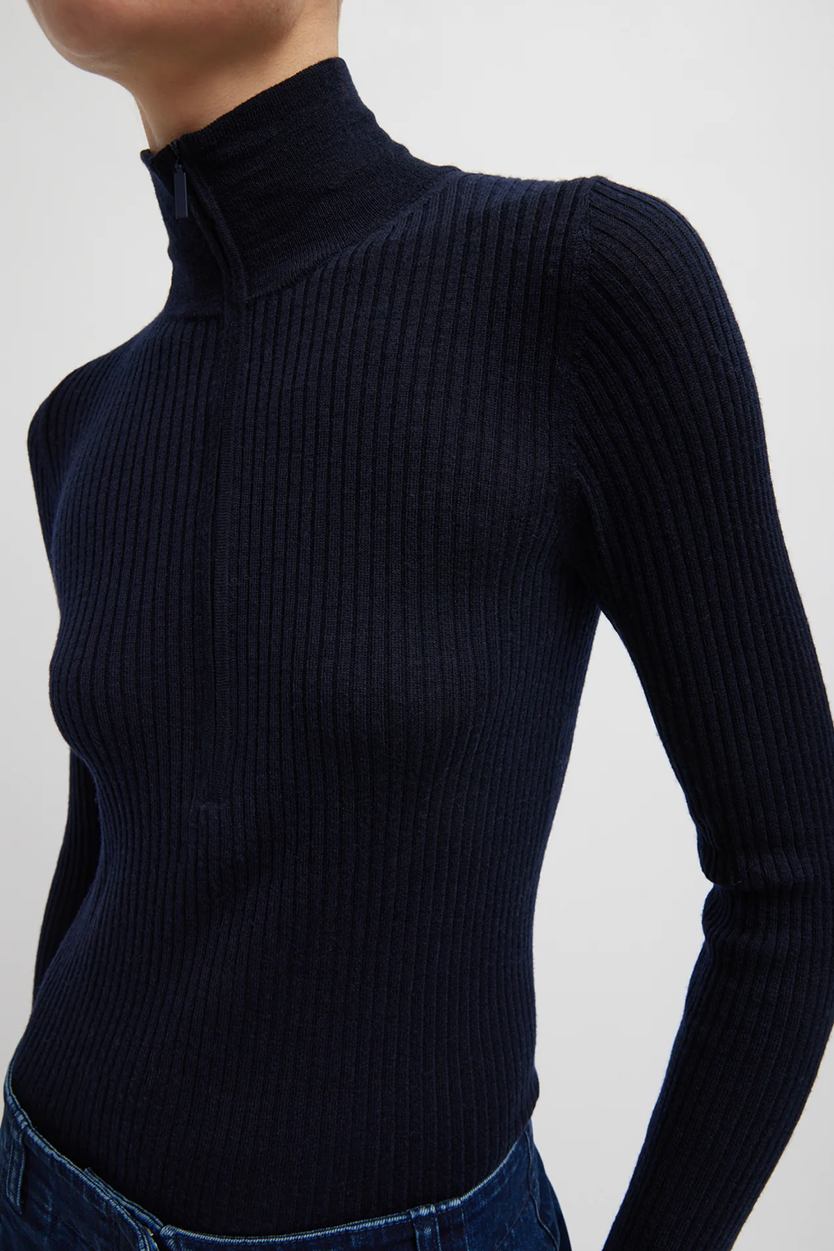 Tibi Feather Weight Ribbed Tneck Zip Up Sweater