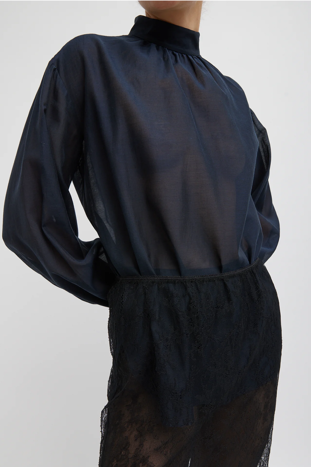 Tibi Silk Cotton Shirred Neck Blouse