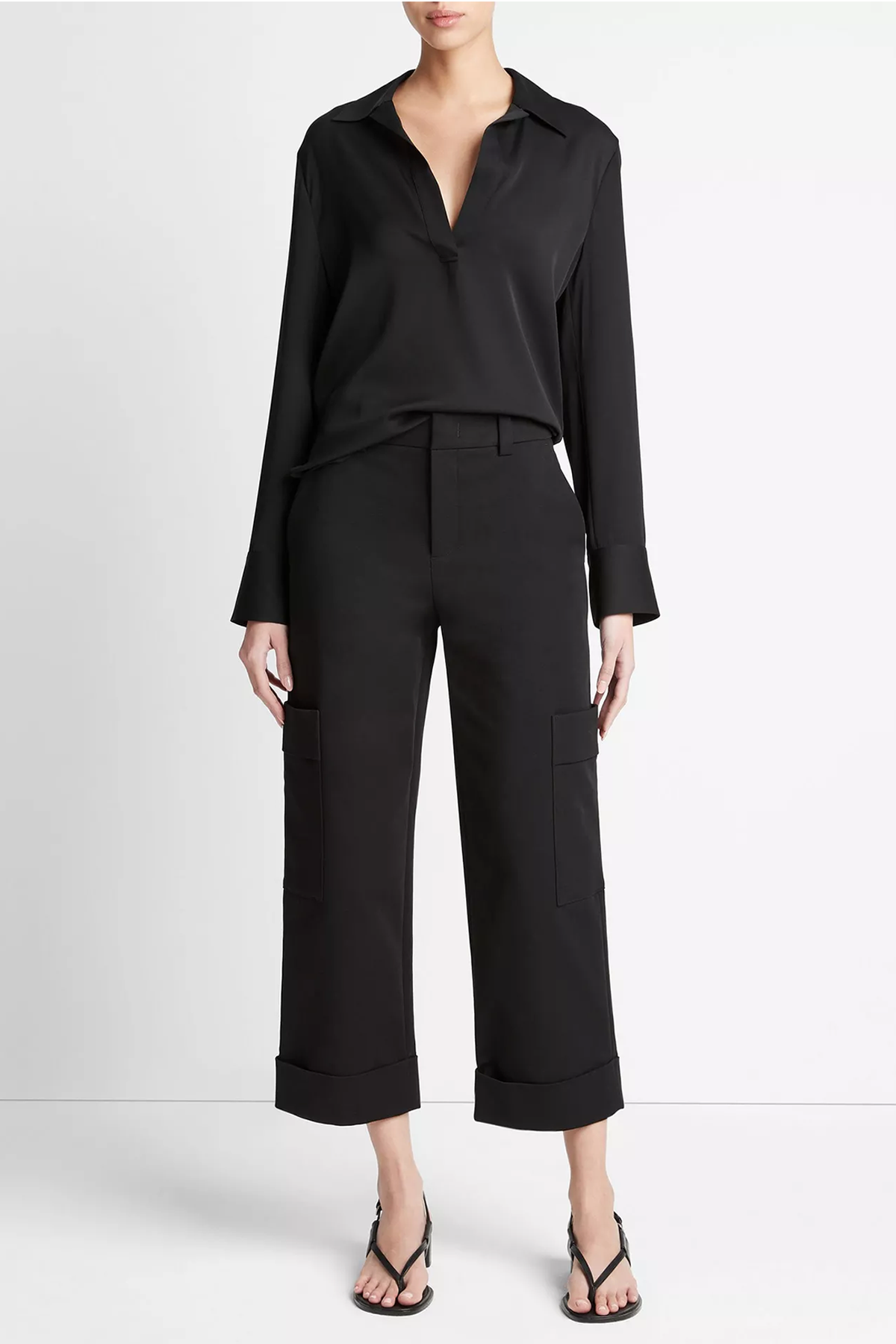 Vince Stretch-Silk Long-Sleeve Polo Blouse