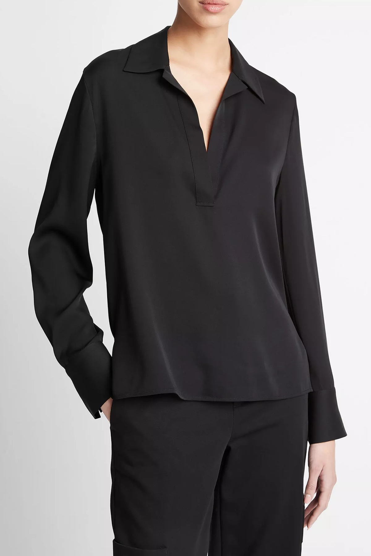 Vince Stretch-Silk Long-Sleeve Polo Blouse