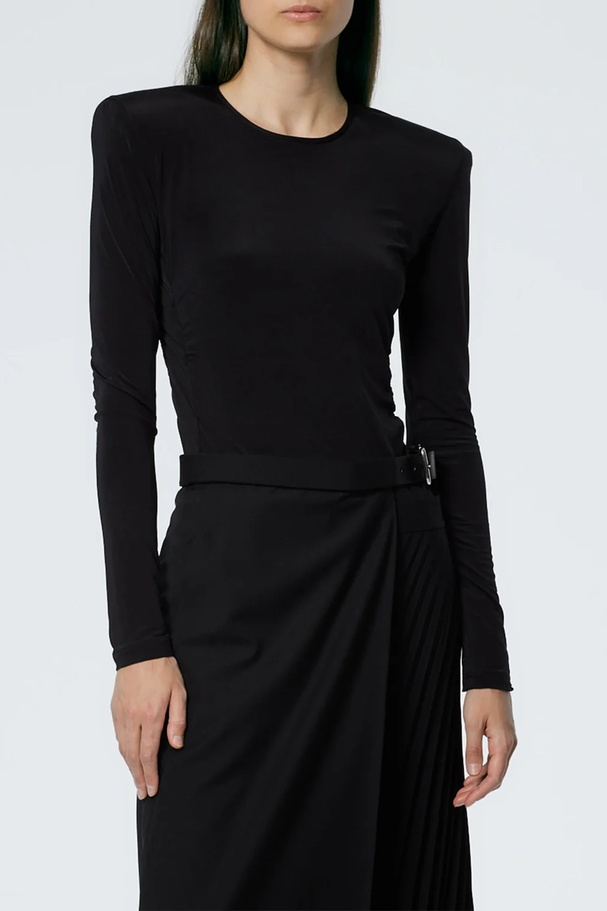 Tibi Micro Jersey Shoulderpad Fitted Crewneck Top