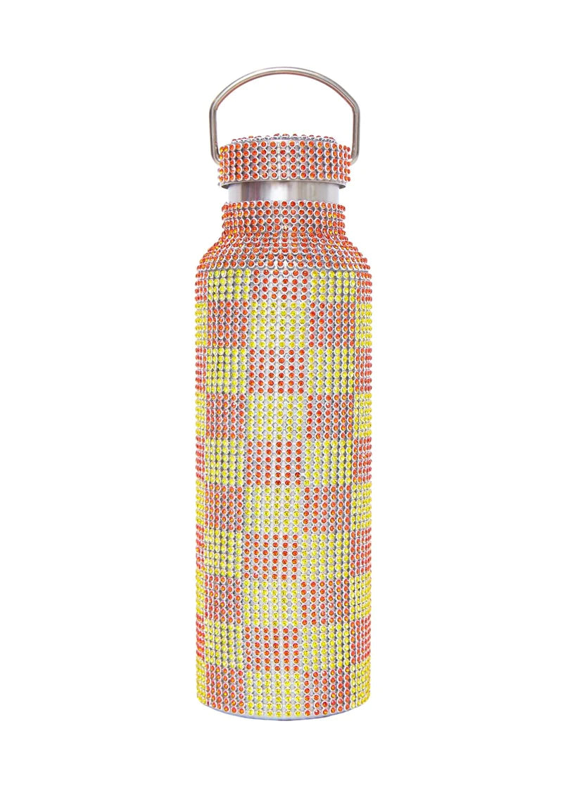 Collina Strada Orange and Yellow Checker Rhinestone Water Bottle